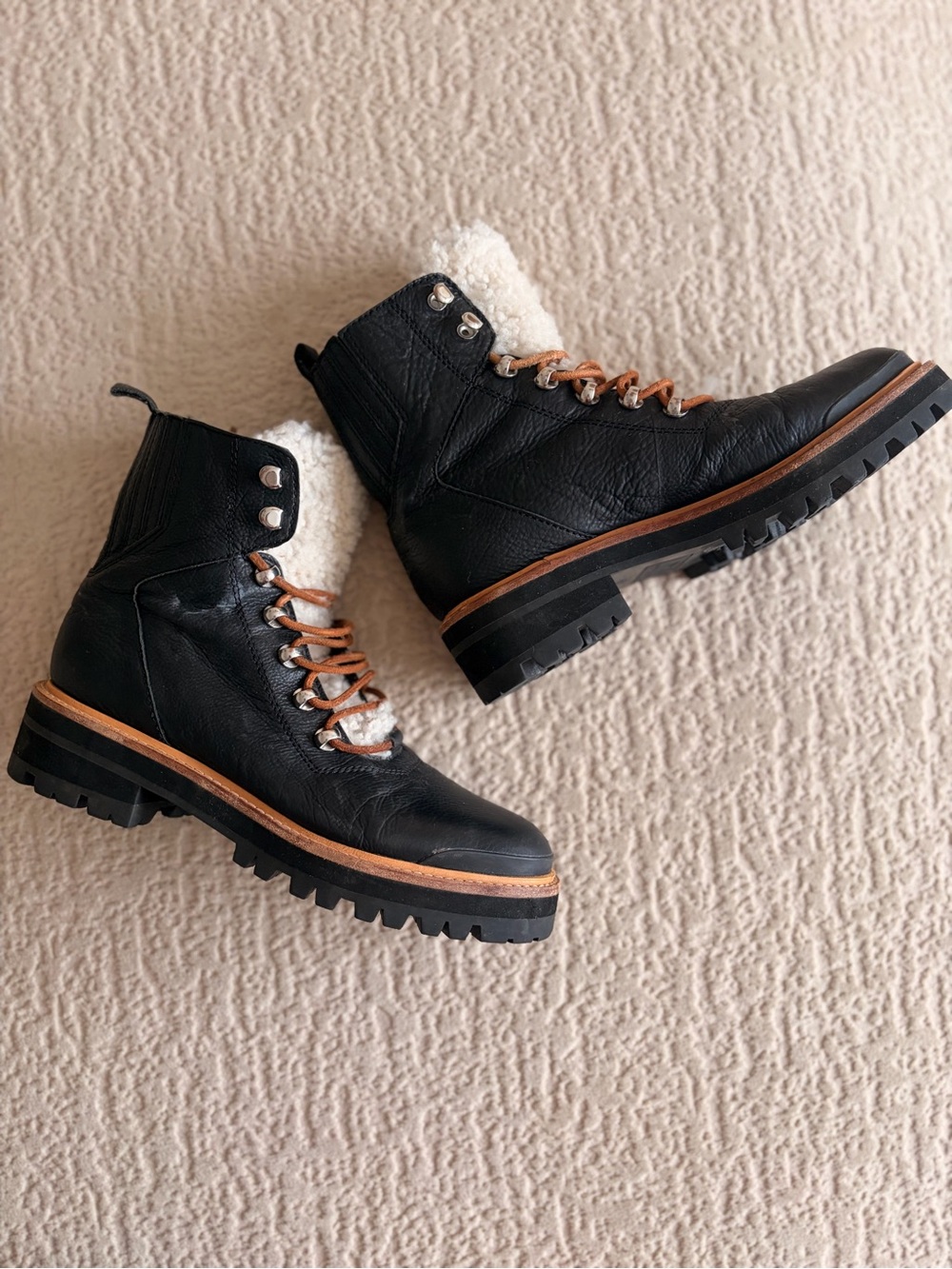 Marc Fisher Black Leather Lug Boots with Shearling Trim and Tan Accents